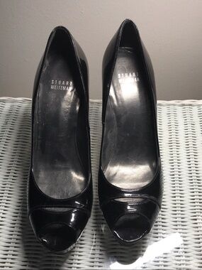 Stuart Weitzman Black Patent 5 Inch Heels Patent Leather Peep-Toe Pumps
